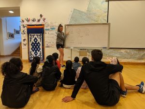 student teaching on white board in front of classroom