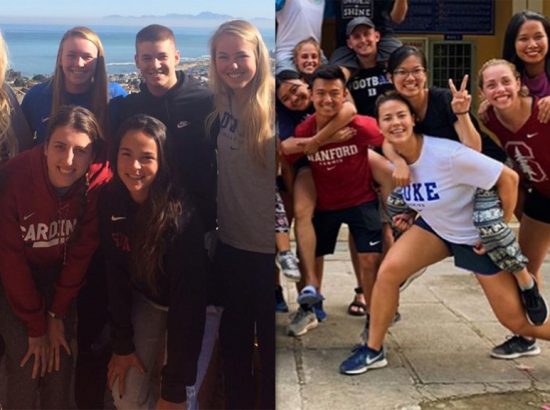 two photos of groups of students