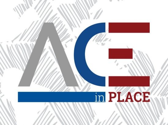 ACE in place text in front of gray and white map design