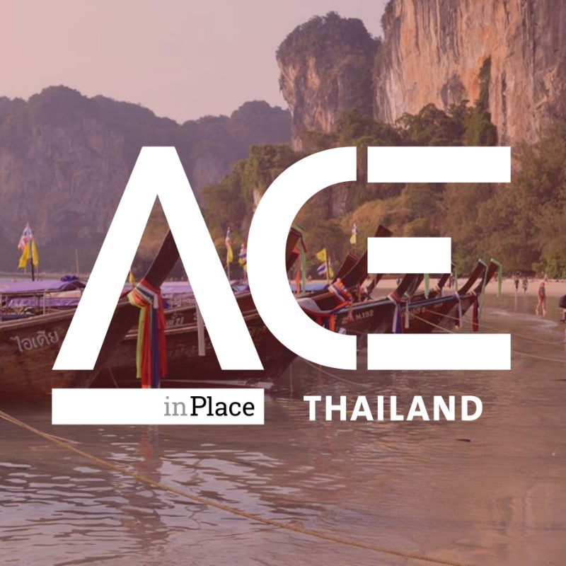 ace in place thailand logo over image of colorful boats on river