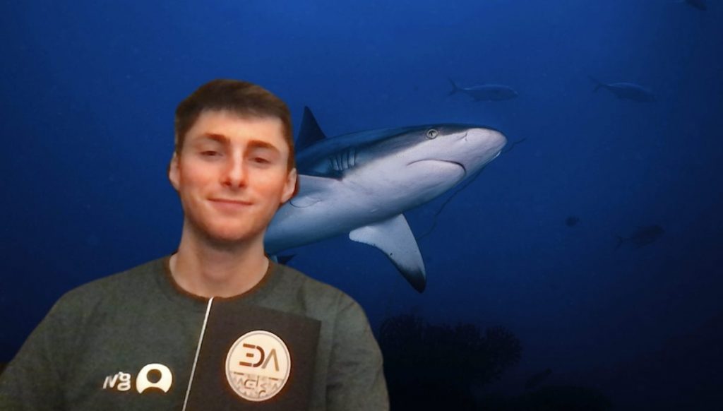 man posing in front of fake shark background