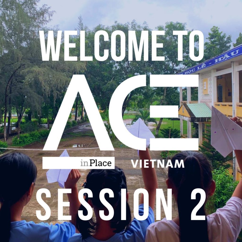 ace in place vietnam logo in front of children throwing paper airplanes