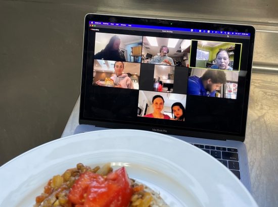 picture of zoom computer screen next to plate of food