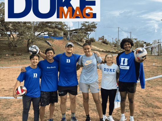 group of students with words "Duke Mag"